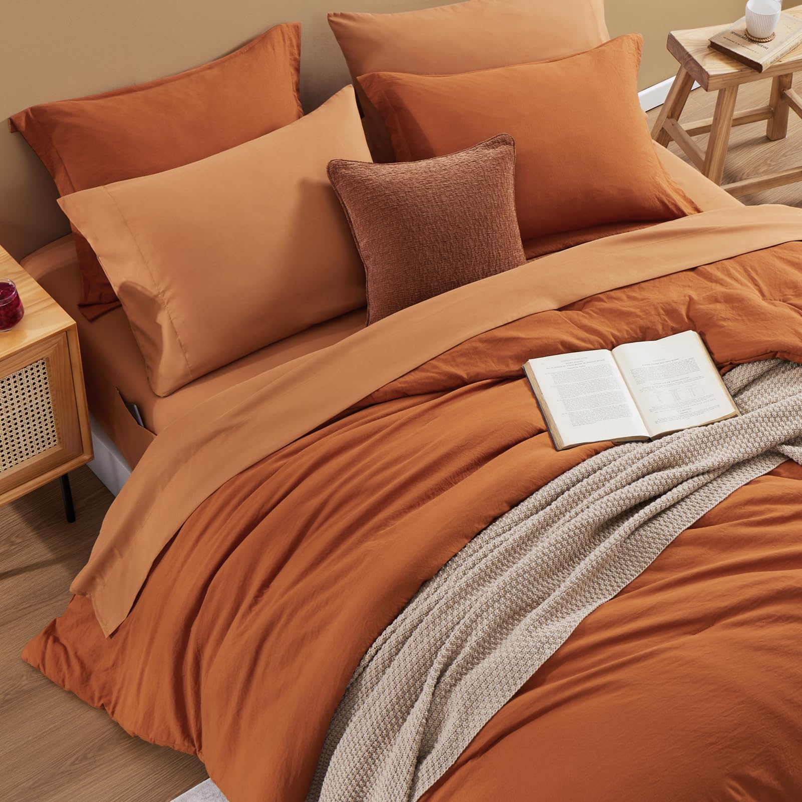 Wrensonge Terracotta Full Size Comforter, 7 Pieces Soft Burnt Orange Full Size Comforter Sets- Full Comforter Fitted Sheet, Flat